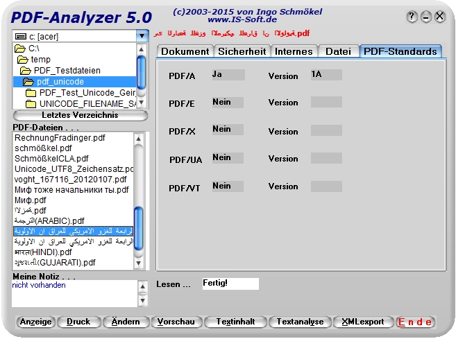 Screenshot vom Programm: PDF-Analyzer
